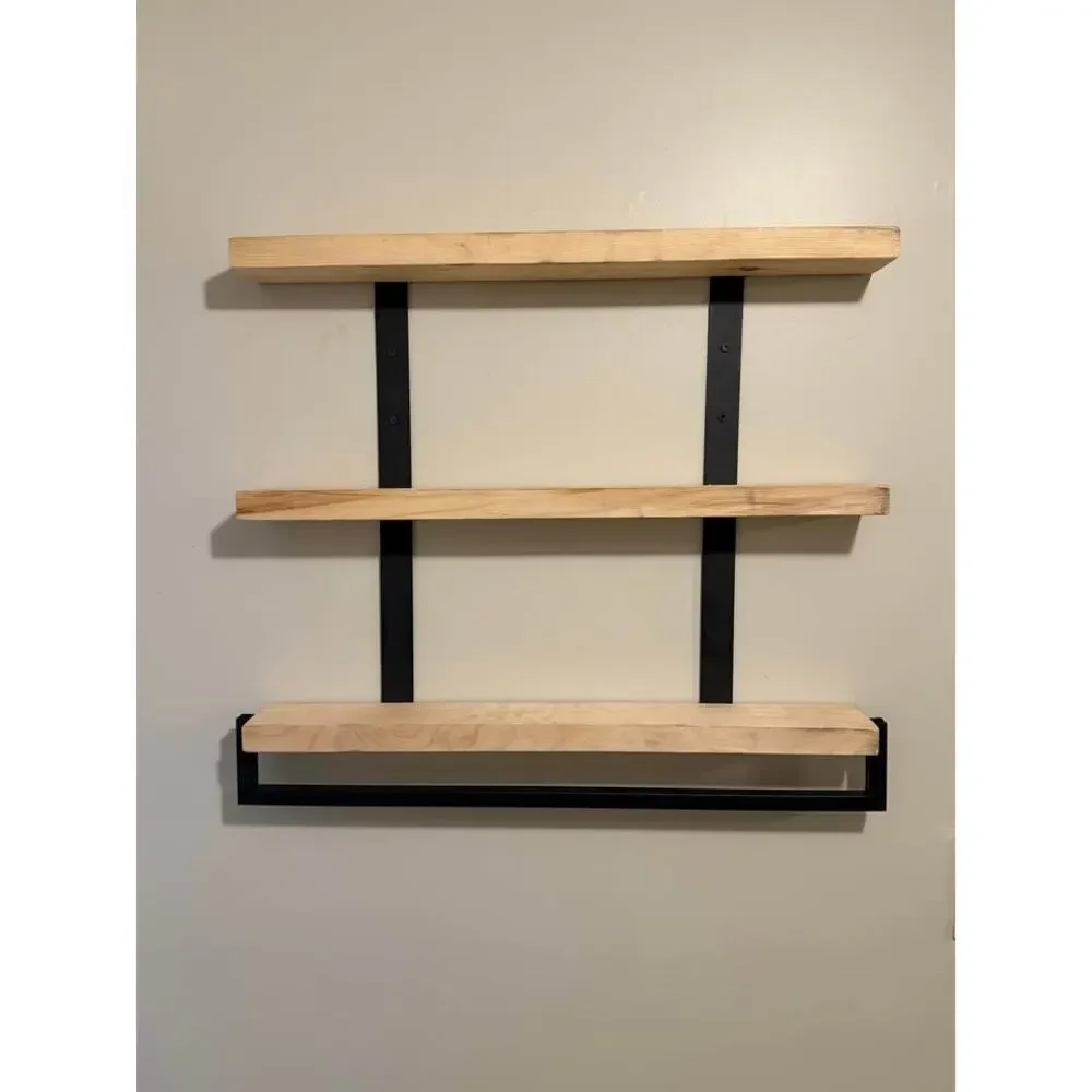 3-Tier Wall Mounted Pine Wood Shelf with Towel Bar – New